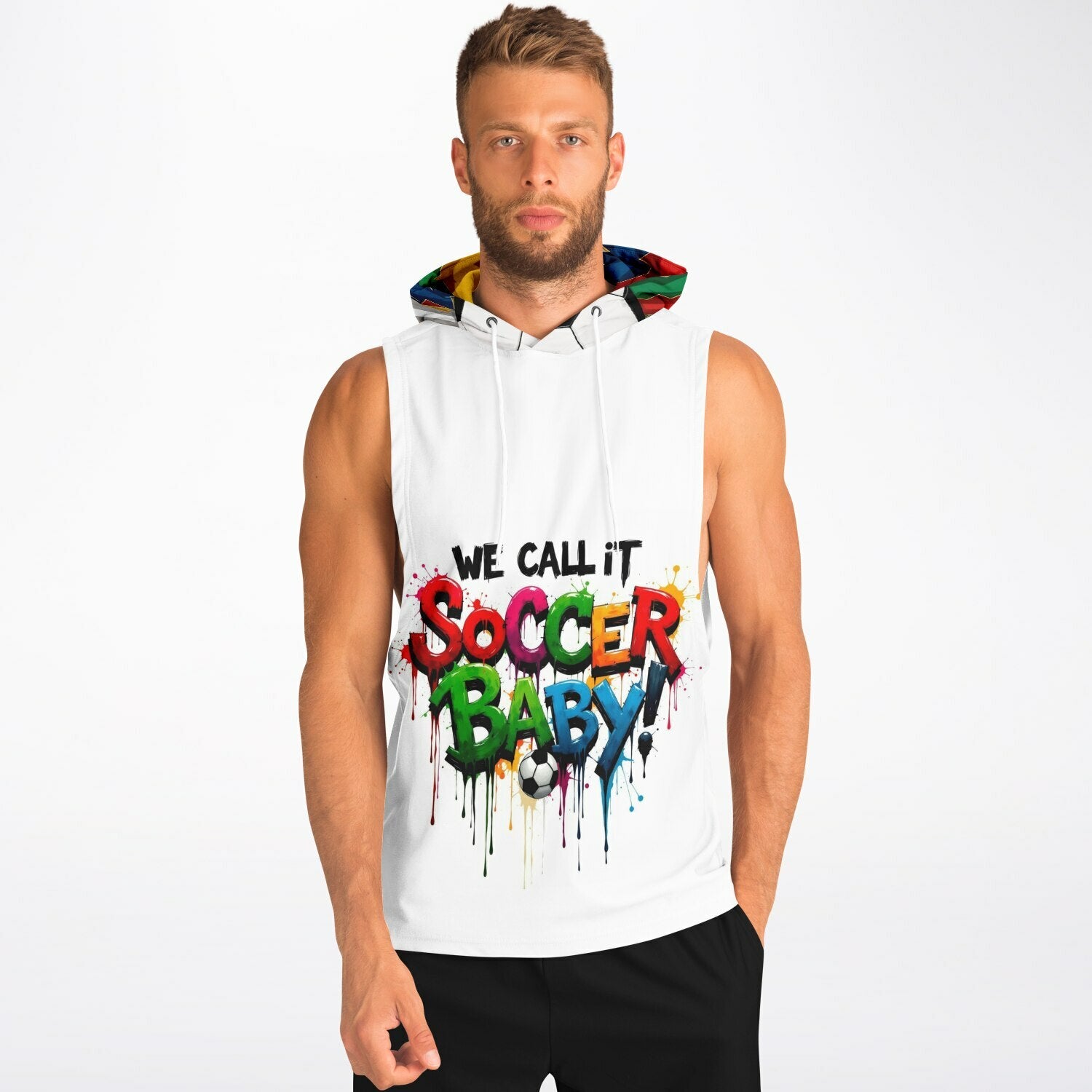 Playful Rebellion: Dripping Rainbow Text with Patchwork Hood