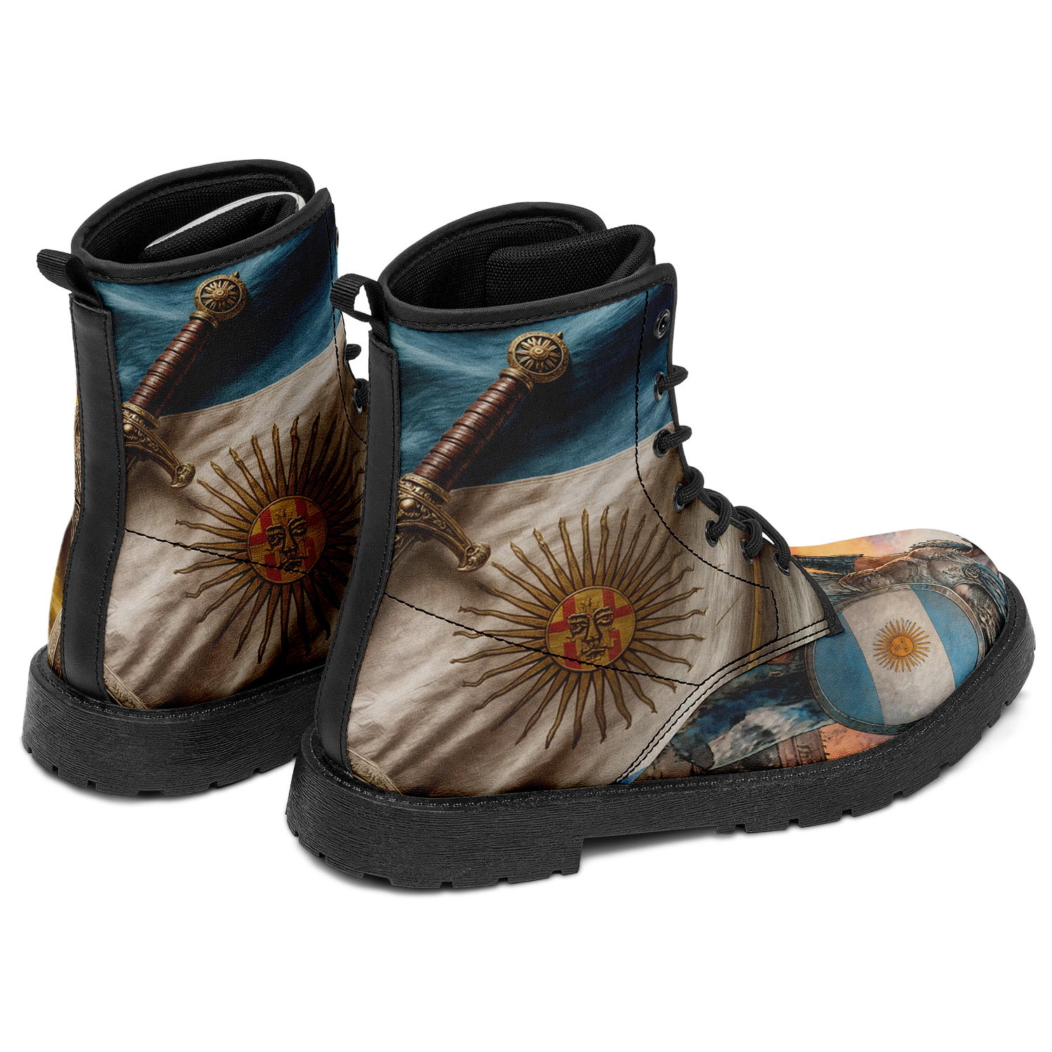 Wandering Legions: Leather Striders Adorned with Soldiers, Flags and Faded Maps