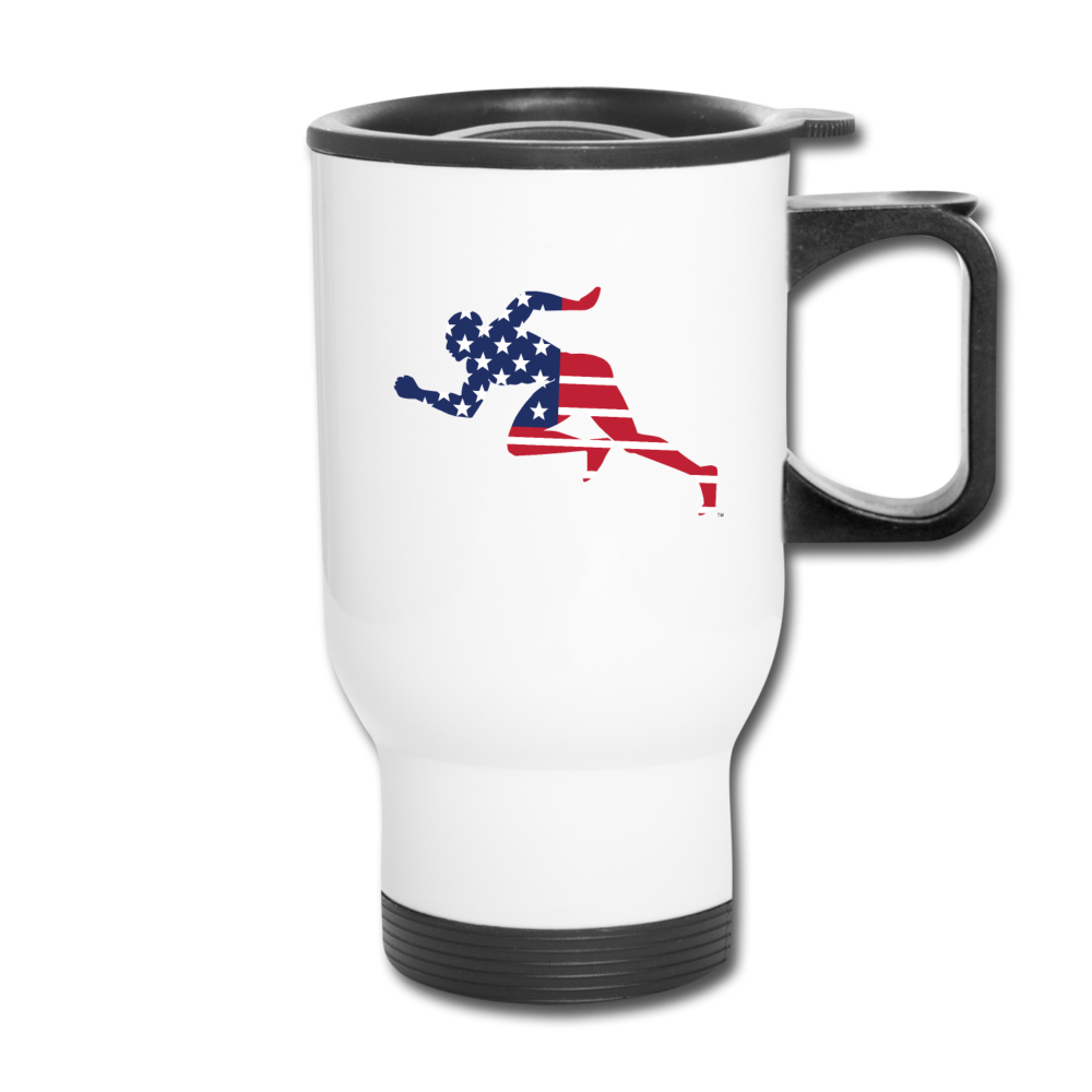 "Running Man" in Stars & Stripes Travel Mug - white